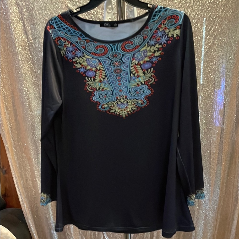 Lily Black Long-Sleeve Top with Multicolor Floral Yoke